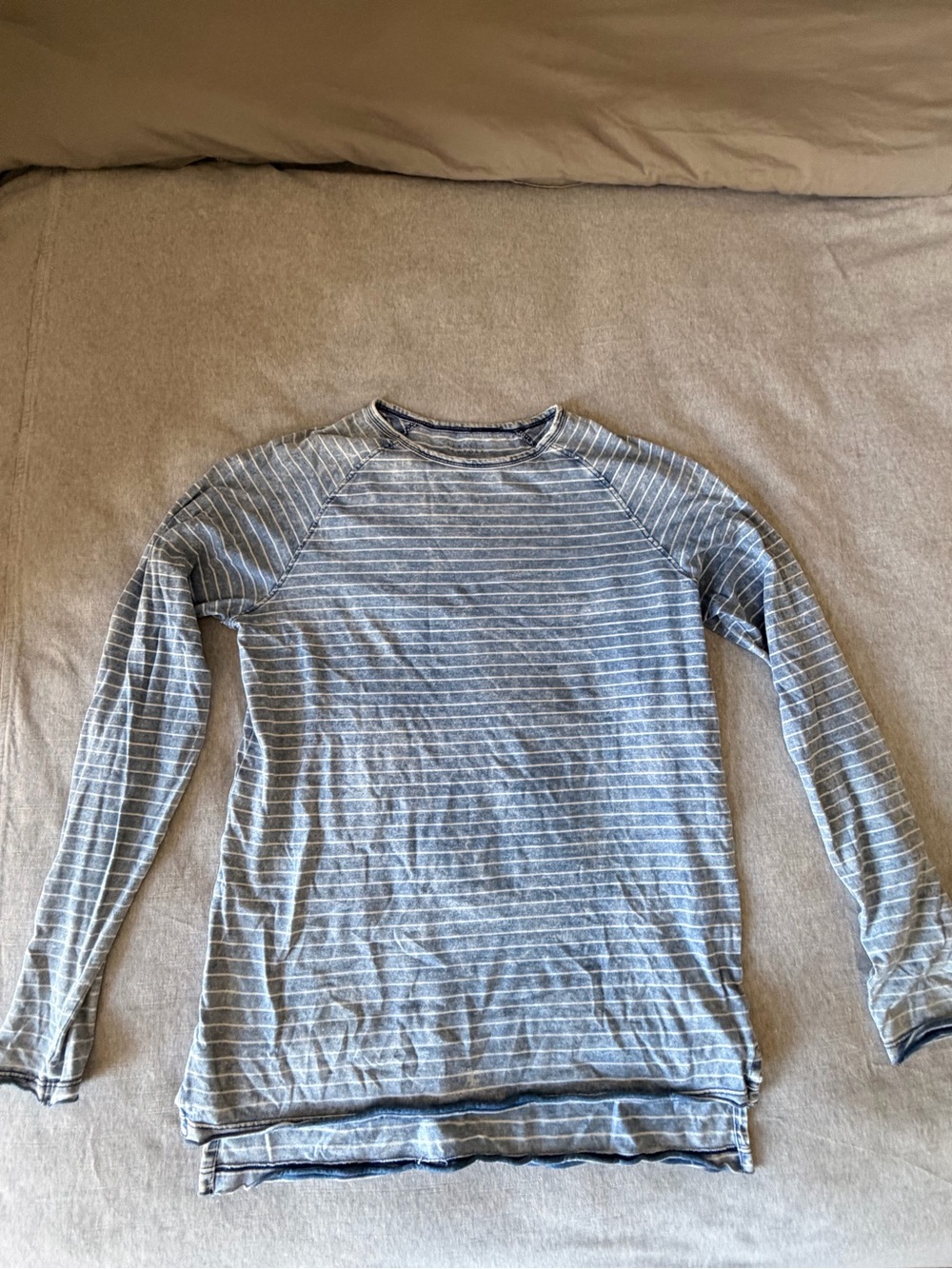 Barneys New York Distressed Light Blue Striped Long-Sleeve Crewneck Shirt